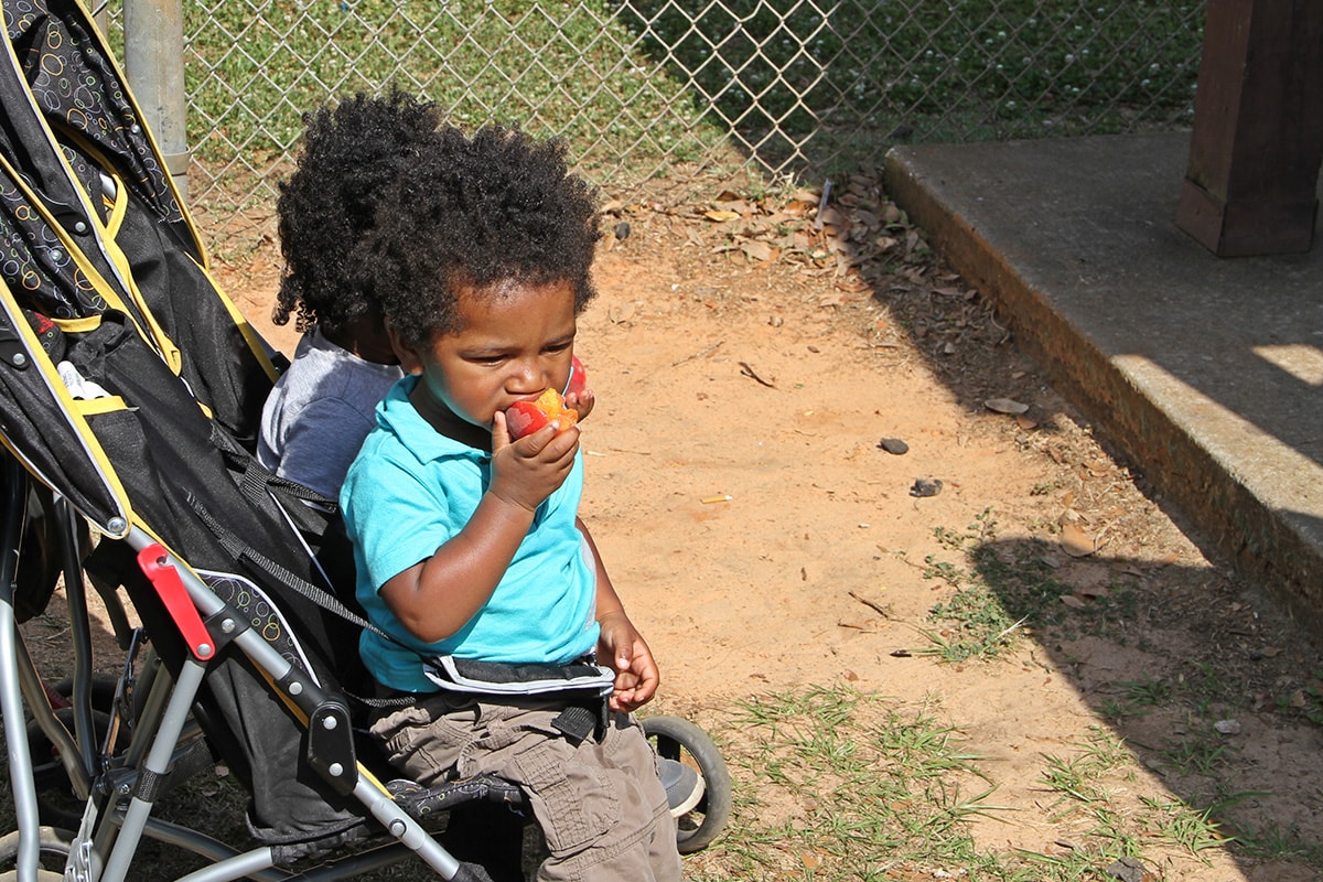 A young boy eats a fresh peach.