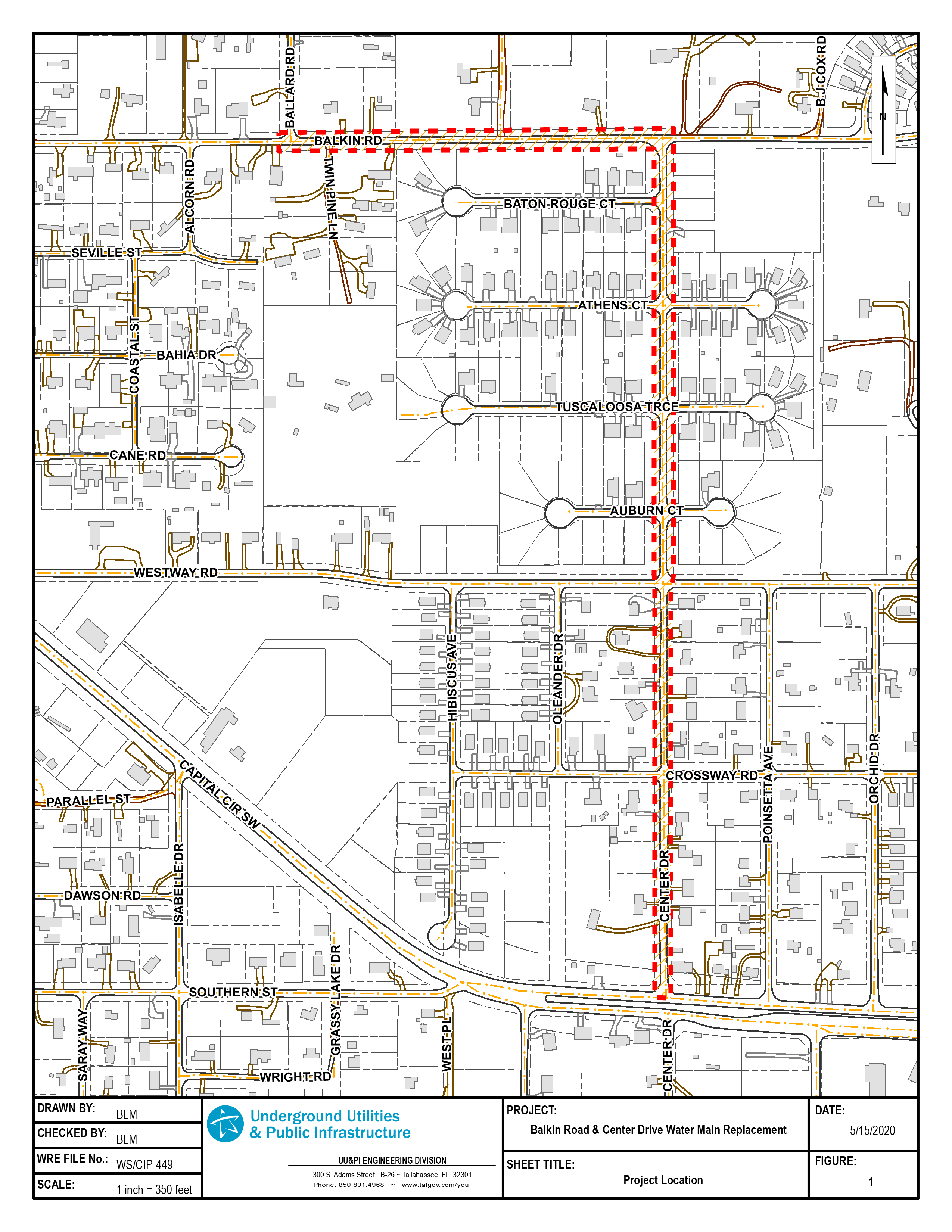 A map of the Balkin Road and Center Drive Water Main Replacement project