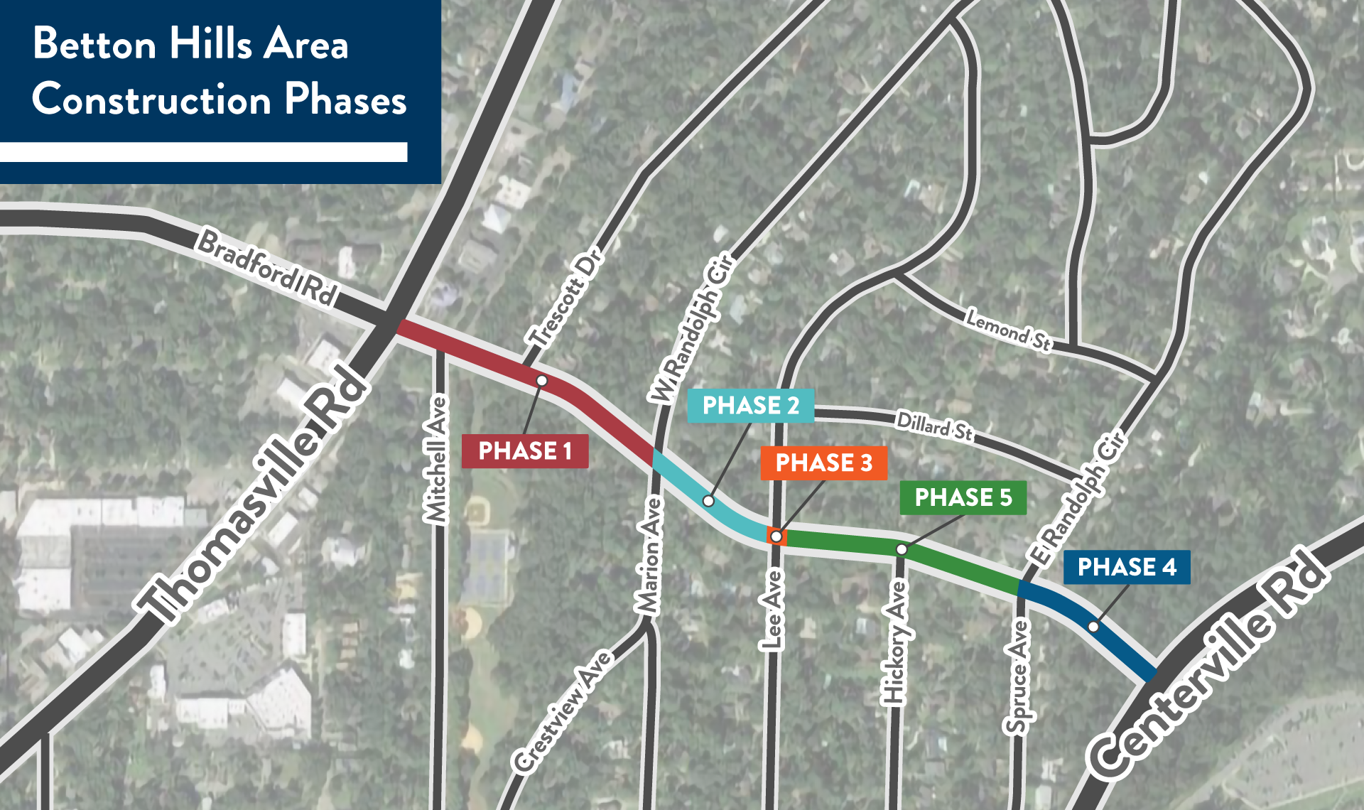 Map showing the phases that Betton Road will be closed for construction.