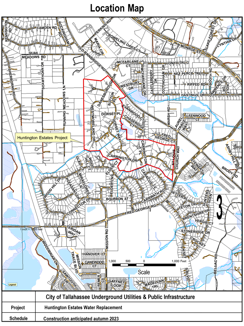 A map showing Huntington Estates Water System Improvement project